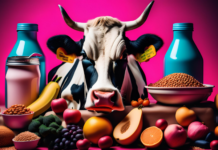 What is climate-friendly eating? AI generated image of a cow surrounded by food for ClimateConnection Newsletter.